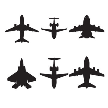 Set of Airplane Silhouettes, Commercial Airliner and Fighter Jet Icons