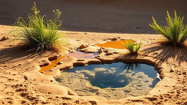 nekton. Desert oasis with natural spring and green plants under golden hour light. travel magazines, destination branding, designed for outdoor magazines and nature guides, used by account managers.