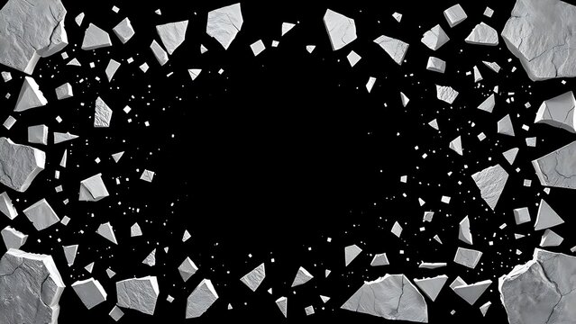 sedition. Shattered frame border with fragments dispersing on dark background, breaking constraints concept. wellbeing guides.