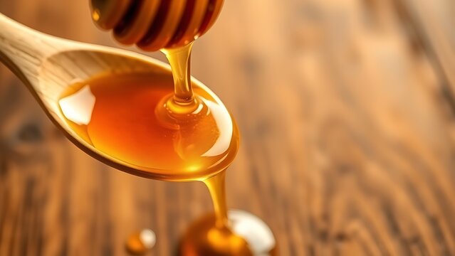 libertarianism. Golden honey dripping from a wooden spoon against a natural wood background. menu design, packaging mockups, designed for culinary blogs and recipe cards for restaurants.