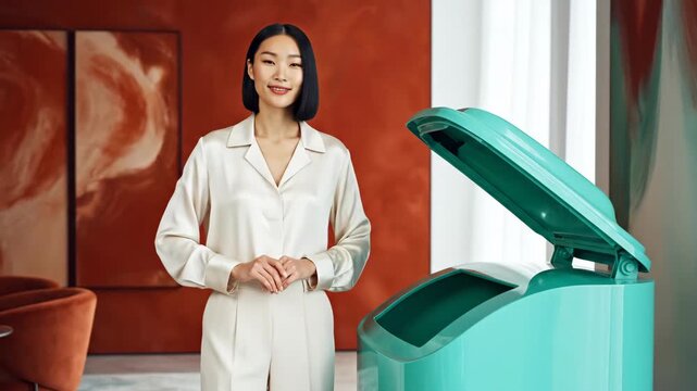 現代的な室内でリサイクルするアジア人女性。スマートゴミ箱に箱を捨てる笑顔の女性。環境意識の高いライフスタイル