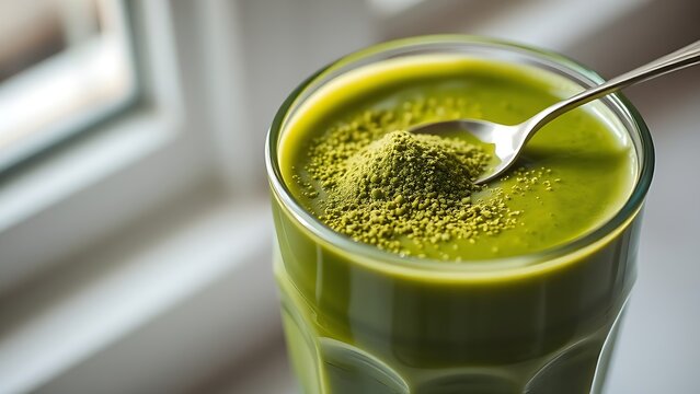 chlorella. A glass of green smoothie with chlorella powder sprinkled on top. bar promotions, beverage menus, designed for food & beverage menus and cafe branding, used by it administrators.
