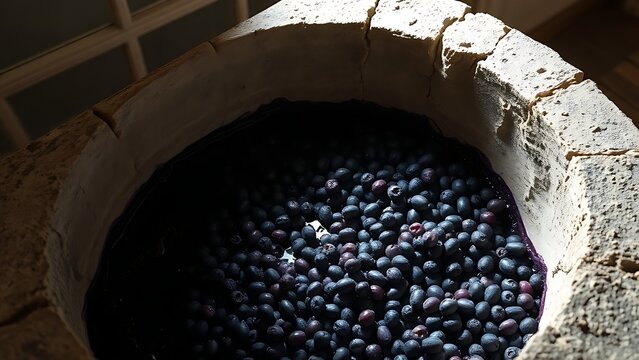winepress. Ancient stone wine press with deep purple grape residue, textured surface in soft window light. bar promotions, beverage menus, designed for food & beverage menus and cafe branding.