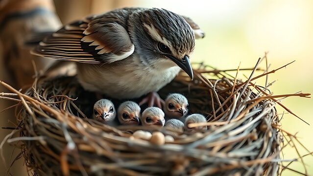 featherless. A mother bird with her wings spread, sheltering her baby birds. wildlife magazines, conservation campaigns, designed for wildlife conservation campaigns, used by presentation designers.