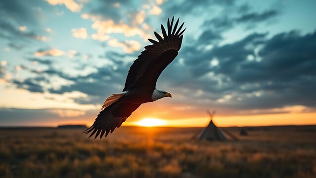 mephistopheles. Bald eagle flying over prairie with tent in distance during golden hour. wildlife magazines, conservation campaigns, designed for wildlife conservation campaigns.