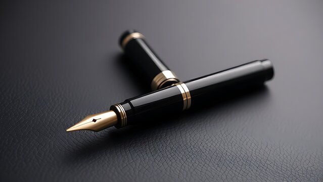 nib. Elegant fountain pen diagonally placed on a textured surface, highlighted by soft lighting. tutorial guides, club newsletters, designed for tourism and weekend activity guides.