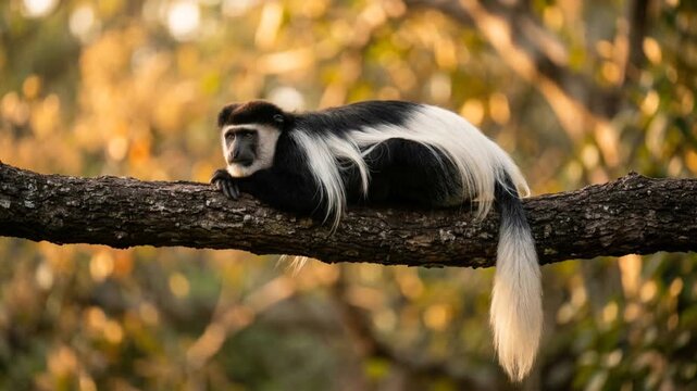 colobus guereza monkey sitting calmly on forest branch video