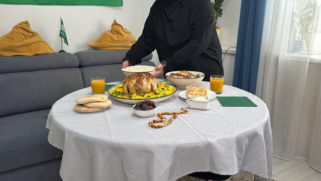 Saudi Arabia Iftar table with traditional dishes and drinks