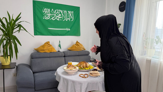 Saudi Arabia woman enjoying Iftar meal at home
