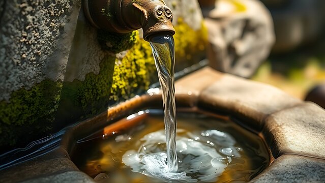 wellhead. Close-up of an ancient mossy stone wellhead with water flowing into a basin. real-estate listings.