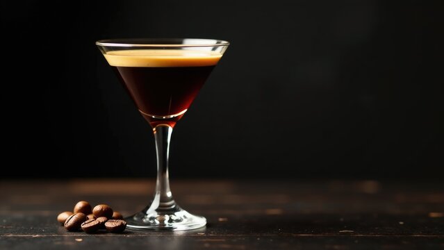 A glass of coffee sits next to a bowl of coffee beans on a wooden table