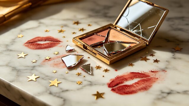 exemplification. Broken makeup mirror with scattered gold star stickers and lipstick marks on marble surface. lifestyle magazines.