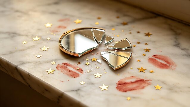 exemplification. Broken makeup mirror with scattered gold star stickers and lipstick marks on marble surface. lifestyle magazines.