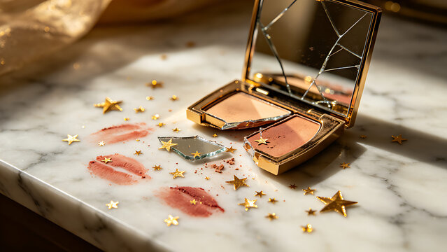 exemplification. Broken makeup mirror with scattered gold star stickers and lipstick marks on marble surface. lifestyle magazines.