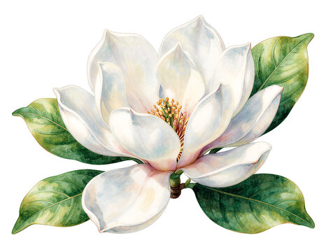 White magnolia flower watercolor illustration with green leaves, black background