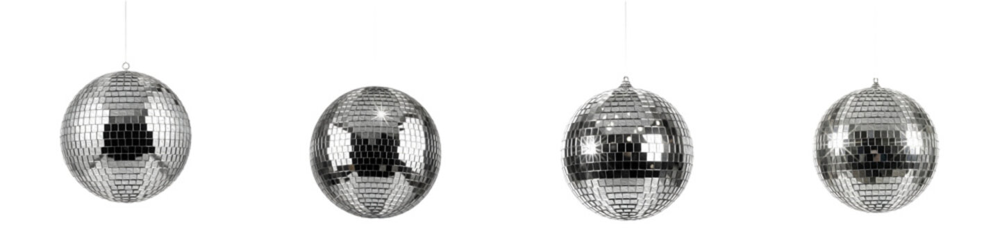 Premium Silver Mirror Disco Balls Set: Large Reflective Glass Mosaic Hanging Ornaments for Party Decorations, Nightclub Lighting, Wedding Glamour, and Retro 70s Event Decor.