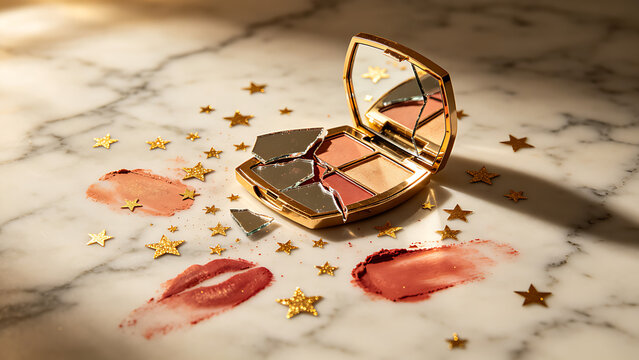 exemplification. Broken makeup mirror with scattered gold star stickers and lipstick marks on marble surface. lifestyle magazines.