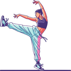 A dynamic dancer performs a pirouette in a street dance blend, showcasing vibrant colors and athletic movement. Bold, modern illustration. © Vector Holiday