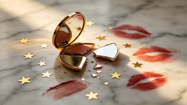 exemplification. Broken makeup mirror with scattered gold star stickers and lipstick marks on marble surface. lifestyle magazines.