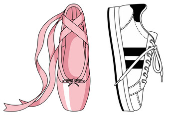 A stylish illustration juxtaposes a pink ballet slipper and a black and white sneaker, symbolizing a playful blend of dance and street style. Modern, graphic design. © Vector Holiday