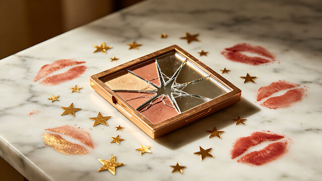 exemplification. Broken makeup mirror with scattered gold star stickers and lipstick marks on marble surface. lifestyle magazines.