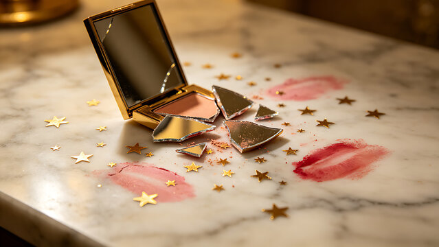 exemplification. Broken makeup mirror with scattered gold star stickers and lipstick marks on marble surface. lifestyle magazines.