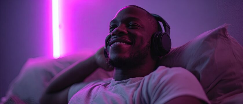 A man sits on a bed, listens to music on headphones, smiles with his eyes closed, and is illuminated by a purple neon light.