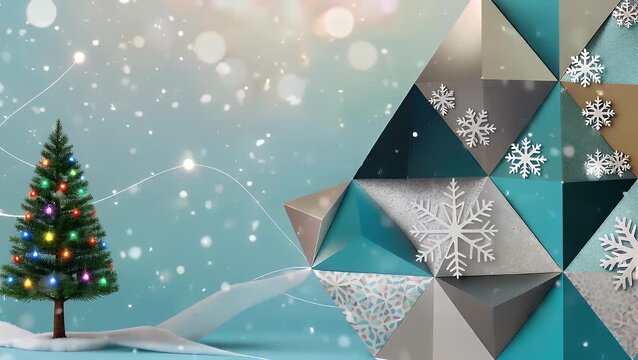 Festive Seasonal Holiday Salutation Card Design with Abstract Geometrical Mosaic Patterns Incorporating Snowflakes and Trees