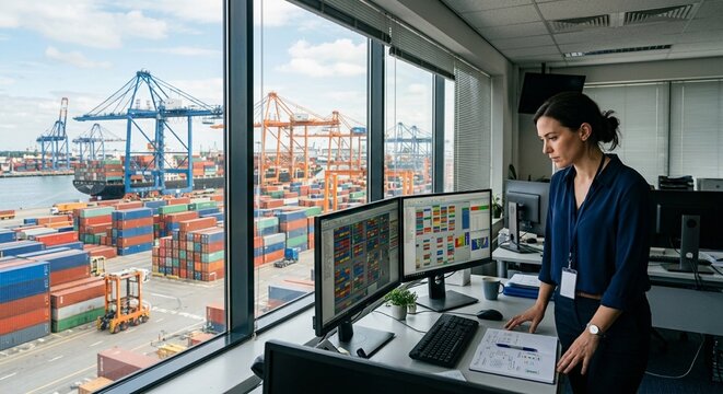 Port logistics planner reviewing container movements beside a harbor operations window