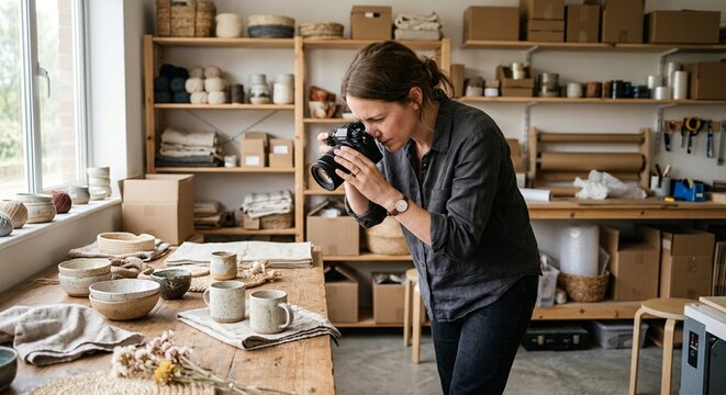 Operations manager photographing handmade products for a small brand website in a daylight studio