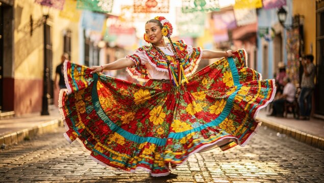 Traditional Mexican folk dancer in vibrant floral dress twirling on cobblestone street