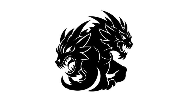 Stylized black dragon head graphic with sharp teeth and spiky hair