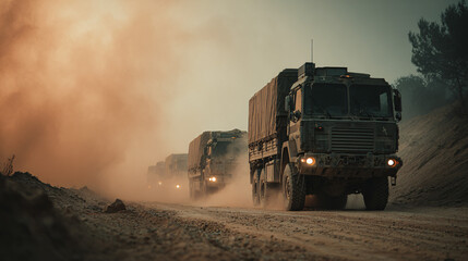 Fototapeta premium Trucks Moving Through Dusty Road During War Logistics Operations
