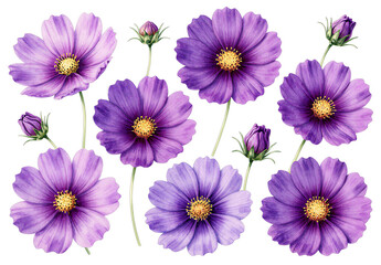 Fototapeta premium Collection of purple cosmos flowers and buds isolated on black background