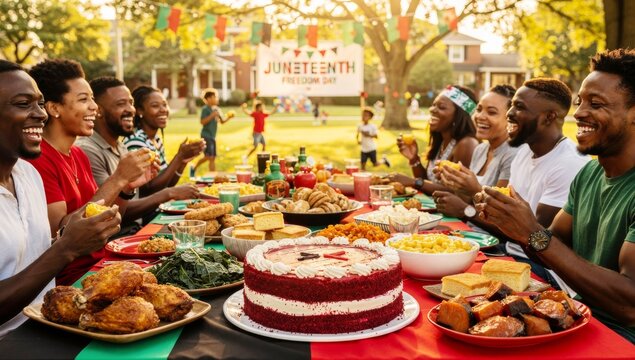 Joyful Black family and friends celebrating Juneteenth with a festive outdoor feast