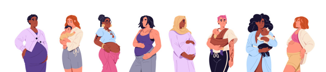Obraz premium Set of diverse pregnant women. Happy expectant mothers are standing. Girls with pregnancy hold kids on hands. Young moms with babies in belly. Motherhood. Flat isolated vector illustrations on white