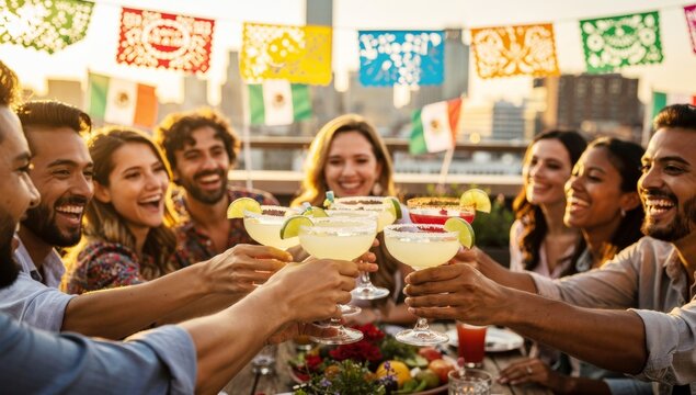 Friends clinking margarita glasses celebrating on a rooftop with Mexican flags