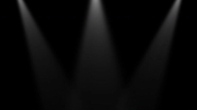 Triple spotlight light rays visual effect. Three beam shine dark stage background. Cinematic dramatic illuminate overlay. Soft ray glow atmosphere design. Film event lighting motion concept