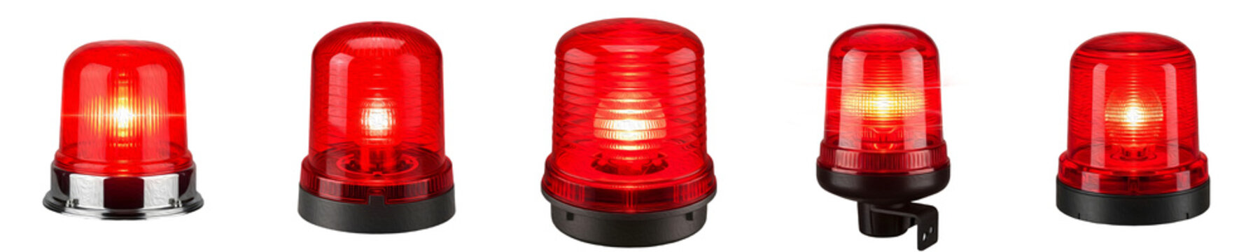 Red Emergency Beacon Light Set Isolated on White Background. Flashing Siren Warning Lamps for Police, Ambulance, Fire Truck, Security, and Industrial Safety Signage.