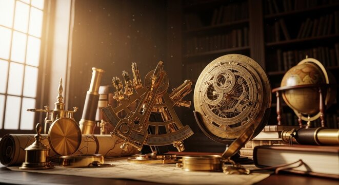 Antique navigation instruments including astrolabes and sextants on a desk bathed in warm sunlight