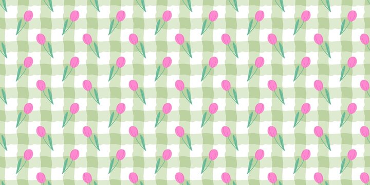 Seamless pattern of pink tulips on green gingham check background for spring textile design.
