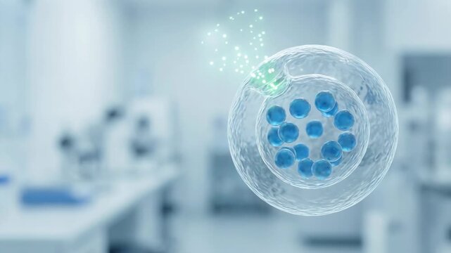 Biological cell undergoing exocytosis process in laboratory. Molecular biology study of cellular transport and chemical signaling for pharmaceutical research study.