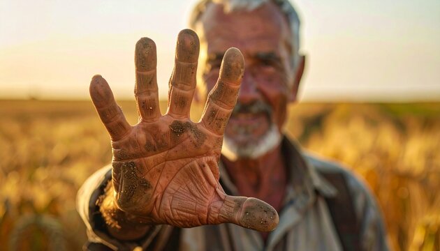 A close-up shot of an older man's hand stretched out, palm forward, against the backdrop of a field. The hand has visible dirt and grime on it