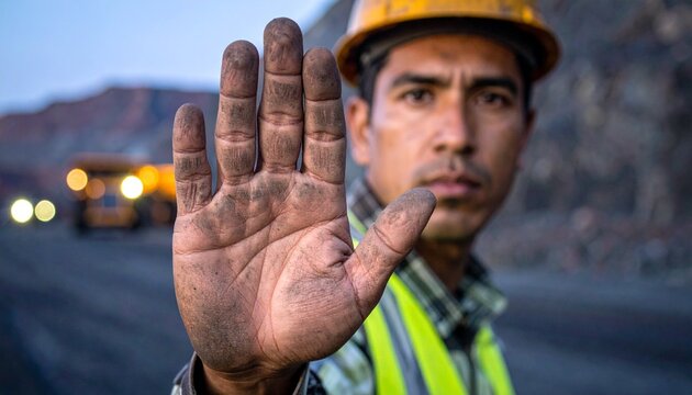 A focused miner signaling a halt with a dusty hand at a work site