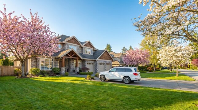 Luxury suburban house with blooming cherry blossoms and white SUV in driveway during sunny spring day