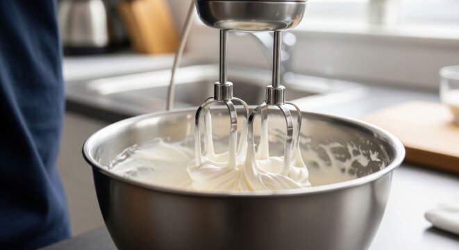 Kitchen scene Hand mixer blending ingredients in a stainless steel bowl