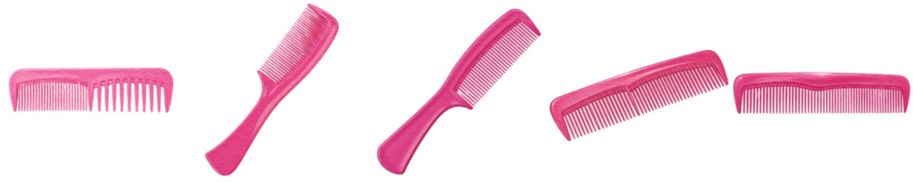 Pink Hair Comb Set Isolated on White Background. Professional Plastic Styling Combs in Different Angles for Hairdressing, Beauty Salon, Personal Care, and Daily Grooming.