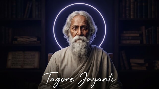 Rabindranath Tagore Artistic Dark Editorial Poster with Glow Ring Background