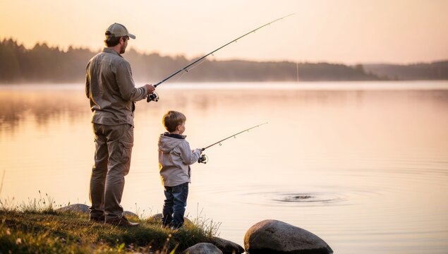 Father and son fishing together at a peaceful lake during golden hour