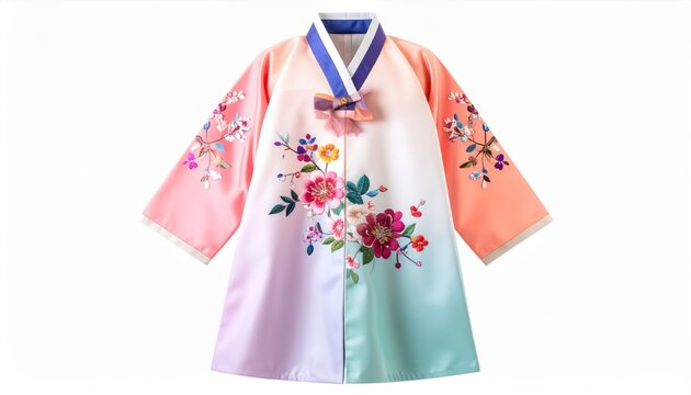 Elegant Korean Hanbok with Embroidered Floral Patterns Isolated on White